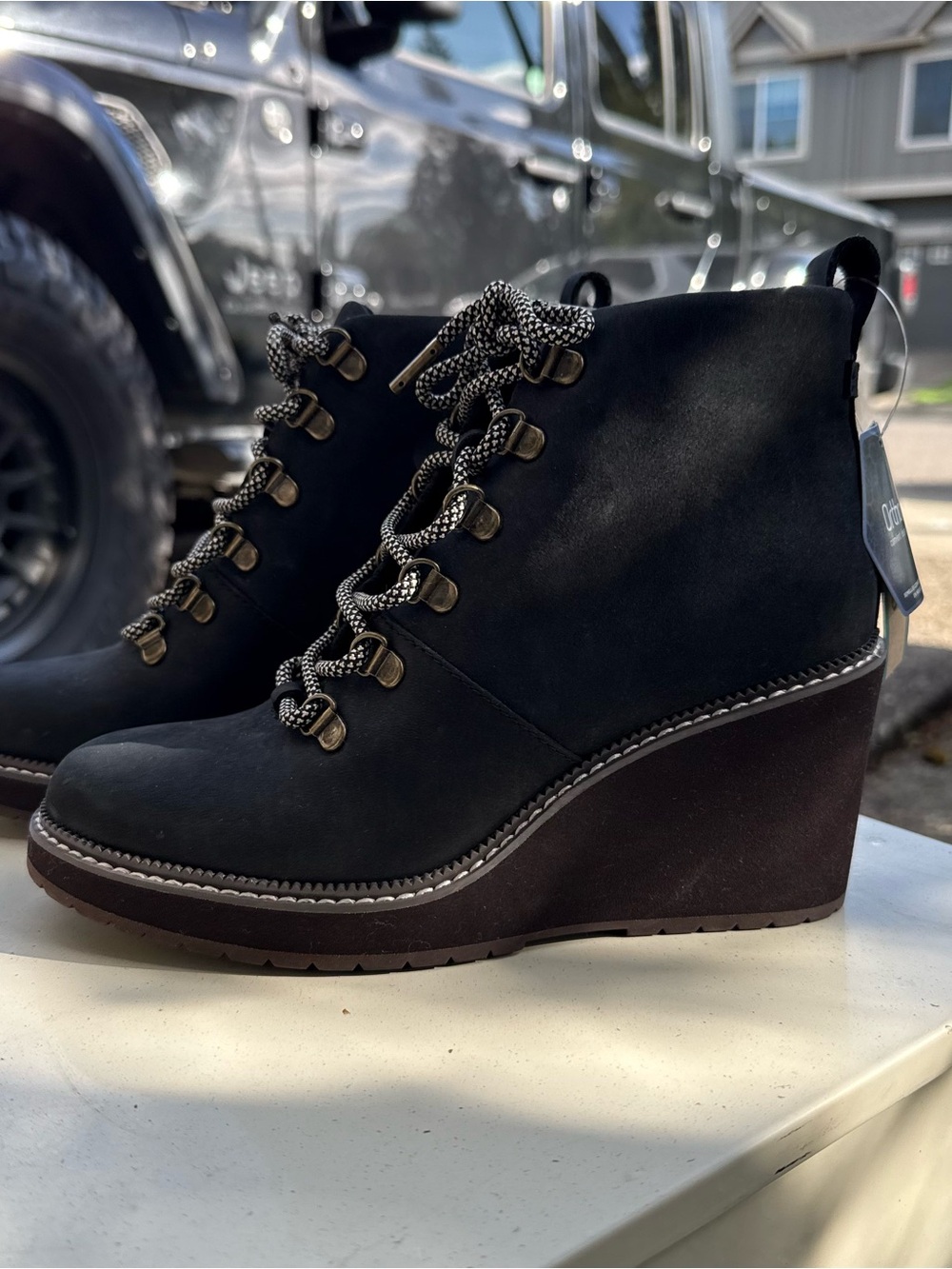 Women’s TOMS Black Wedge Ankle Boots with Hiking-Inspired Laces
